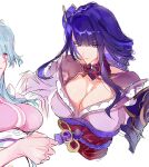  2girls absurdres armor armpit_crease bad_id bad_lofter_id blue_hair blunt_bangs breasts bridal_gauntlets cleavage close-up closed_mouth clothing_cutout collarbone fan_hair_ornament genshin_impact gradient_hair hair_ornament highres japanese_armor japanese_clothes kimono large_breasts looking_at_viewer maid mole mole_under_eye multicolored_hair multiple_girls neck_ribbon off_shoulder pink_kimono purple_eyes purple_hair purple_kimono raiden_shogun red_ribbon ribbon shade shoulder_armor shoulder_cutout solo_focus streaked_hair upper_body wanyu22719 white_background yumemizuki_mizuki 