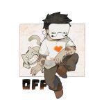  <|>_<|> 1boy animal arm_tattoo black_hair black_pants brown_shoes cat commentary copyright_name crew_neck elbow_on_knee english_commentary grin heart male_focus mask nibiiro_xx off_(game) pants shirt shoes short_hair short_sleeves sitting smile tattoo teeth valerie_(off) white_shirt zacharie_(off) 