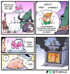 alcohol appliance bald beard beverage big_nose black_beard black_facial_hair black_hair blush blush_stickers bow_tie chicken_meat clothing comic container crown cup dialogue dinner dinner_table dress drinking_glass dwarf dwarf_(merrivius) elf elf_(merrivius) elf_comic english_text eyebrows eyelashes facial_hair female food glass glass_container glass_cup green_body green_clothing green_dress green_ears green_skin group hair headgear heart_symbol hi_res human human_(merrivius) humanoid_pointy_ears humor kitchen_appliance light_body light_skin long_hair male mammal meat merrivius misunderstanding orange_hair orc orc_(merrivius) oven pink_bow_tie pointy_ears ponytail purple_beard purple_facial_hair short_hair simple_eyes smoke tan_body tan_skin text tiara wine wine_glass