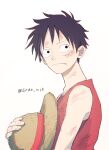  1boy bare_shoulders black_hair bruise bruise_on_arm bruise_on_face closed_mouth from_side hat highres injury male_focus monkey_d._luffy one_piece red_vest scar scar_on_cheek scar_on_face short_hair silver_mssk simple_background solo straw_hat twitter_username unworn_hat unworn_headwear upper_body vest white_background 