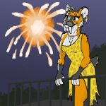 1:1 anthro balcony band-aid bandage barrier caveman claws clothed clothing digital_media_(artwork) dress ear_markings ear_piercing ear_ring eyelashes facial_markings facial_tuft fangs felid feline female fireworks fur green_eyes grey_body grey_fur head_markings head_tuft hi_res holidays jewelry krita_(artwork) looking_up mammal markings mouth_closed necklace new_year night orange_body orange_fur pantherine piercing pink_nose plant prehistoric_clothing prehistoric_species ring_piercing saber-toothed_tiger sabertooth_(anatomy) sabrecheeta sabrie_(sabrecheeta) short_tail sky smile solo standing star starry_sky tail teeth tree tuft white_body white_fur