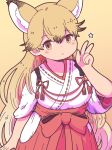  1girl animal_ears arm_up blonde_hair blush brown_background commentary_request extra_ears ezo_red_fox_(kemono_friends) fox_ears fox_girl highres japanese_clothes kemono_friends long_hair looking_at_viewer miko numazoko_namazu ribbon simple_background solo star_(symbol) v yellow_eyes 