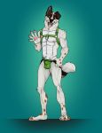  bulge canid canine canis clothing domestic_dog fisis harness hi_res jock jockstrap looking_at_viewer male mammal pubes underwear undressing 