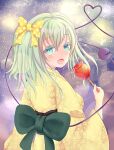  1girl alternate_costume back_bow blush bow breasts c_fuu-chan_ccko candy_apple commentary_request floral_print floral_print_kimono food from_behind green_bow green_eyes green_hair hair_between_eyes hair_bow heart heart_of_string highres holding holding_candy_apple holding_food japanese_clothes kimono komeiji_koishi lens_flare long_sleeves looking_at_viewer looking_back medium_breasts medium_hair open_mouth polka_dot polka_dot_bow print_kimono solo third_eye touhou upper_body wide_sleeves yellow_bow yellow_kimono 
