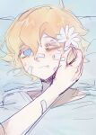  2boys antenna_hair bandaid bandaid_on_cheek bandaid_on_face bandaid_on_nose basil_(faraway)_(omori) basil_(hospital_gown)_(omori) basil_(omori) blonde_hair blue_eyes bruise bruised_eye closed_mouth double-parted_bangs flower hair_between_eyes hair_flower hair_ornament highres hospital_gown injury looking_at_another male_focus multiple_boys omori one_eye_closed oreelurn short_hair sketch spoilers sunny_(hospital_gown)_(omori) sunny_(omori) yaoi 