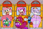 5_toes absurd_res amy_rose anthro badash01 barefoot blaze_the_cat domestic_cat english_text eulipotyphlan feet felid feline felis foot_focus group hedgehog hi_res laugh mammal open_mouth pink_body purple_body sega soles sonia_the_hedgehog sonic_the_hedgehog_(series) sonic_underground text tickling tickling_feet toes