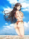  1girl aircraft_carrier beach bikini black_hair blue_sky brown_eyes cloud cloudy_sky day full_body hair_ribbon hime_cut hiyou_(kantai_collection) kantai_collection long_hair military military_vehicle ocean red_bikini_bottom ribbon sameha_ikuya ship sky solo swimsuit warship watercraft white_bikini_top white_ribbon 