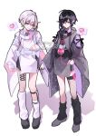  2boys black_hair blue_eyes closed_mouth commentary_request full_body hair_between_eyes hair_ornament hairclip head_tilt highres kaminoq looking_at_viewer male_focus multiple_boys original pointy_ears ribbon smile white_background white_hair 