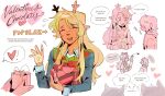  1girl 3others absurdres antlers black_shirt blonde_hair checkered_clothes checkered_vest closed_eyes commentary deer_antlers deer_girl deltarune english_commentary english_text furry furry_female gift goomyloid heart highres holding holding_gift hood hoodie horns kris_(deltarune) long_hair multiple_others noelle_holiday shirt short_hair throwing throwing_food utdr_(toby_fox) valentine vest waving white_shirt 