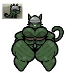 1:1 anthro areola armor belt big_areola big_breasts bite biting_lip breasts cheek_tuft domestic_cat facial_tuft felid feline felis female filthyskull fur green_areola green_body green_ears green_fur green_nipples hands_on_hips headgear helmet hi_res huge_areola huge_breasts huge_thighs long_tail mammal mewgenics nipples simple_background solo standing tail thick_thighs tuft white_background