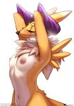  2026 anthro armwear bandai_namco black_nose blush body_blush breasts canid canine chest_fur clothing digimon digimon_(species) digital_media_(artwork) doomthewolf elbow_gloves eyelashes eyes_closed female fox fur glistening glistening_body gloves hands_behind_head handwear hi_res long_eyelashes mammal mostly_nude navel nipples raised_arms renamon simple_background skinny slim small_breasts small_waist smile solo sparkles standing tail text url watermark white_background white_body white_fur yellow_body yellow_fur 