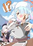  ! !? >_< 2girls ? absurdres apron arona_(blue_archive) baking baking_sheet black_shirt blue_archive blue_hair blue_shirt blue_sky book bowl braid brown_apron chocolate chocolate_on_face cloud colored_inner_hair commentary_request food food_on_face hair_over_one_eye halo headscarf highres holding holding_book holding_pastry_bag mixer_(cooking) multicolored_hair multiple_girls open_mouth orange_halo osmium-76 pastry_bag pink_hair plana_(blue_archive) purple_eyes purple_halo red_pupils shirt short_hair single_braid sky speech_bubble spoken_exclamation_mark spoken_question_mark table valentine 