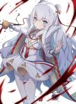  +_+ 1girl azur_lane bangs blue_eyes blush bow brown_bow closed_mouth commentary_request double_bun dress eyebrows_visible_through_hair hair_between_eyes hair_bow highres holding holding_sword holding_weapon le_malin_(azur_lane) long_hair long_sleeves looking_at_viewer nemeneko_6 pantyhose pleated_dress pocket_watch rapier short_dress sidelocks silver_hair simple_background solo striped striped_bow sword symbol-shaped_pupils very_long_hair watch weapon white_background white_dress white_legwear 