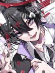  1boy bandaged_fingers bandaged_hand bandaged_neck bandages black_hair black_jacket blood blood_halo commentary_request cross cursor fangs halo highres jacket kaminoq liquid_halo male_focus nutella original pill purple_lining razor_blade_hair_ornament 