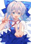  1girl :d blue_bow blue_dress blue_eyes blue_hair bow cirno collared_shirt commentary double_v dress fairy hair_between_eyes highres ice ice_wings looking_at_viewer medium_hair open_mouth shirt short_sleeves smile solo touhou ussame v watermark white_shirt wings 