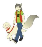  2019 absurd_res anthro canid canine canis clothed clothing collar domestic_dog dragonkai duo feral fully_clothed hi_res leash mammal rex_(twin_dragons) simple_background thenekoboi twin_dragons_(webcomic) walking 