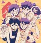  >_< 2girls 4boys artist_name aubrey_(headspace)_(omori) aubrey_(omori) barefoot basil_(headspace)_(omori) basil_(omori) black_tank_top blue_shirt bow bright_pupils brother_and_sister brothers checkered_clothes chibi closed_eyes closed_mouth collarbone collared_pajamas colored_skin commentary double-parted_bangs english_commentary flower flower_wreath green_eyes green_hair green_shirt grin hair_between_eyes hair_bow hand_on_own_cheek hand_on_own_face head_wreath hero_(headspace)_(omori) hero_(omori) highres kel_(headspace)_(omori) kel_(omori) kiisaes long_hair long_shirt long_sleeves looking_at_viewer mari_(headspace)_(omori) mari_(omori) multiple_boys multiple_girls omori omori_(omori) open_mouth pajamas pink_bow purple_eyes purple_hair shirt short_hair short_sleeves siblings sidelocks smile something_(omori) striped_clothes striped_pajamas t-shirt tank_top teeth upper_teeth_only v vertical-striped_clothes vertical-striped_pajamas white_pajamas white_pupils white_skin 