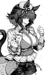  1girl :d animal_ears bacius belt bow breasts clenched_hands cowboy_shot ears_through_headwear gloves greyscale hands_up hat hat_bow highres horse_ears horse_girl horse_tail jacket kiseki_(miracle_author)_(umamusume) kiseki_(umamusume) large_breasts long_sleeves looking_at_viewer monochrome open_mouth shirt short_hair shorts simple_background smile solo tail umamusume white_background zipper 
