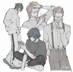  2boys arm_up black_hair black_pants blonde_hair cellphone collared_shirt commentary_request crew_neck cropped_torso dadadadadaist final_fantasy final_fantasy_xv glasses grey_shirt hand_in_pocket hand_on_own_face highres holding holding_phone holding_removed_eyewear ignis_scientia iphone jacket long_sleeves male_focus multiple_boys noctis_lucis_caelum open_clothes open_shirt pants parted_hair phone shirt shirt_tucked_in short_sleeves signature simple_background smartphone suspenders unworn_eyewear white_background wing_collar wristband 