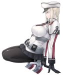  1girl bangs black_gloves black_legwear black_skirt blonde_hair breasts capelet celtic_knot closed_mouth eyebrows_visible_through_hair from_side full_body gloves graf_zeppelin_(kantai_collection) grey_eyes hair_between_eyes hat highres iron_cross kantai_collection large_breasts military military_hat military_uniform necktie nujima pantyhose peaked_cap sidelocks simple_background skirt solo squatting twintails uniform white_background white_headwear 