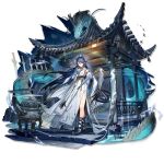  1girl architecture arknights black_shoes blue_eyes blue_hair blue_skin bracelet breasts colored_skin detached_sleeves dragon dragon_girl dragon_horns dragon_tail dress earrings east_asian_architecture eastern_dragon flower full_body highres holding holding_staff horns jewelry ling_(arknights) ling_(it_does_wash_the_strings)_(arknights) long_hair long_sleeves looking_at_viewer multicolored_hair official_alternate_costume official_art planted planted_sword pointy_ears shoes smile solo staff standing sword tail tassel third-party_source transparent_background very_long_hair weapon white_dress wide_sleeves xiayehongming 