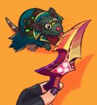 2024 bandage bandaged_tail blade clothing eyewear feral fur goggles green_body green_fur hi_res holding_knife holding_object kennekydeky kerchief knife league_of_legends licking licking_knife male mammal murid murine orange_background rat rat_tail redraw riot_games rodent simple_background size_difference solo tail tail_wraps tencent tongue twitch_(lol) wraps