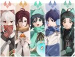  5boys :d ahoge alternate_costume anemo_symbol_(genshin_impact) angel_wings animal_ear_hairband animal_ear_headwear animal_ears antenna_hair aqua_hairband baiyuyi baked_potato black_bow black_hair black_jacket black_shirt blue_scarf blunt_ends bow braid capelet cat_ears chewing_gum choppy_bangs colored_inner_hair column_lineup commentary_request contemporary cup diamond-shaped_pupils diamond_(shape) earmuffs eyeliner facial_mark fake_animal_ears fang fingernails food food_wrapper forehead_mark genshin_impact green_capelet green_eyes green_hair green_mittens green_scarf grey_jacket grey_pupils hair_between_eyes hair_intakes hairband hands_up highres holding holding_cup holding_food jacket kaedehara_kazuha lineup looking_at_another looking_at_food looking_at_viewer looking_down makeup mittens mole mole_under_eye multicolored_hair multicolored_jacket multiple_boys open_clothes open_jacket open_mouth purple_eyes purple_hair red_bow red_eyeliner red_eyes red_hair red_mittens red_scarf scaramouche_(genshin_impact) scarf shikanoin_heizou shirt side_braids sideways_glance slime_(genshin_impact) smile split_mouth steam symbol-shaped_pupils teeth tongue tongue_out tsurime turtleneck turtleneck_shirt twin_braids two-tone_jacket venti_(genshin_impact) wanderer_(genshin_impact) white_hair white_jacket wings winter_clothes xiao_(genshin_impact) yellow_eyes zoom_layer 