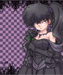  1girl arms_at_sides artist_name bangs bare_shoulders black_bow black_eyes black_flower black_gloves black_hair black_rose black_shawl bow breasts checkered checkered_background cleavage dress earrings elbow_gloves eyebrows_visible_through_hair flower gloves hair_between_eyes holding holding_flower jewelry kunou_kodachi large_breasts lipstick long_hair looking_to_the_side makeup necklace parted_lips purple_background ranma_1/2 red_lipstick rose side_ponytail solo strapless strapless_dress wanta_(futoshi) wedding_dress 