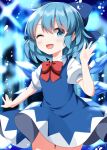  1girl ;d blue_background blue_bow blue_dress blue_eyes blue_hair blush bow bowtie cirno collared_shirt commentary_request completion_time cowboy_shot dot_nose dress hair_bow hand_up highres ice ice_wings looking_at_viewer one_eye_closed open_mouth pinafore_dress red_bow red_bowtie ruu_(tksymkw) shirt short_hair short_sleeves sleeveless sleeveless_dress smile solo touhou white_shirt wings 