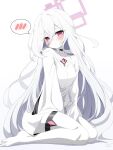  1girl absurdres barefoot blue_archive blush closed_mouth colored_skin commentary_request double-parted_bangs dress feet frown full_body furrowed_brow hair_between_eyes halo head_tilt highres kei_(blue_archive) kei_(new_body)_(blue_archive) long_hair long_hair_between_eyes long_sleeves looking_at_viewer official_alternate_costume partial_commentary pink_halo rectangular_halo red_eyes rei_hinasuki ringed_eyes short_dress simple_background sitting solo speech_bubble spoken_blush sweatdrop thigh_strap toes very_long_hair wariza white_background white_dress white_hair white_skin wide_sleeves 