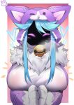 anthro aojiao_bingmo_tu big_breasts blue_hair breasts clothing female hair heart_symbol hi_res kindred_(lol) league_of_legends onesie press riot_games solo tencent woof_and_the_lamb_kindred