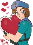  1girl absurdres beret black_gloves blue_eyes blue_hat blue_shirt brown_hair closed_mouth commentary gloves hashtag-only_commentary hat heart heart-shaped_pillow highres hugging_object jeff_miga jill_valentine looking_at_viewer pillow pillow_hug resident_evil resident_evil_1 shirt short_hair signature smile 