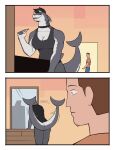 2025 5_fingers absurd_res anthro applying_makeup aquatic black_body black_bottomwear black_choker black_clothing black_eyebrows black_hair black_jewelry black_necklace black_pants black_sclera black_shirt black_tank_top black_topwear blue_bottomwear blue_clothing bonnymama7 bottomless bottomwear brown_clothing brown_hair brown_shirt brown_topwear censor_bar choker closed_smile clothed clothed_anthro clothed_gynomorph clothed_male clothing comic countershade_arms countershade_face countershade_hands countershade_tail countershade_torso countershading digital_drawing_(artwork) digital_media_(artwork) duo eyebrows facial_piercing fangs fingers first_page fish fish_tail front_view gills grey_body grey_countershading gynomorph hair hi_res holding_lipstick holding_object human inside intersex jewelry leaning_on_furniture lip_piercing lipstick looking_at_another looking_at_mirror looking_at_object makeup male mammal mirror motion_lines mouth_closed neck_gills necklace pants personal_grooming piercing portrait pupils rear_view shark shirt shirt_only side_view slit_pupils small_comic smile tail tail_motion tailwag tank_top tank_top_only teeth thin_eyebrows three-quarter_portrait toothy_grin topwear topwear_only white_hair white_sclera yellow_eyes