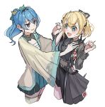  2girls @_@ absurdres black_hairband black_shirt black_shorts black_shrug black_skirt blonde_hair blue_eyes blue_hair blue_skirt blush bow chest_harness chest_sarashi commentary_request cosplay costume_switch cowboy_shot cropped_legs double-parted_bangs egasumi embarrassed eye_contact flat_chest hair_bow hair_ribbon hairband hakama hakama_short_skirt hakama_skirt hand_on_another's_chest haori harness high_collar highres hololive hoshimachi_suisei hoshimachi_suisei_(shout_in_crisis) japanese_clothes kazama_iroha kazama_iroha_(1st_costume) layered_skirt long_sleeves looking_at_another medium_hair miniskirt multicolored_bow multicolored_skirt multiple_girls nagahisa nervous_sweating official_alternate_costume open_mouth overskirt pleated_skirt ponytail ribbon sarashi see-through_clothes see-through_midriff see-through_sleeves shirt shorts shrug_(clothing) simple_background skirt small_sweatdrop sweat thighhighs turtleneck turtleneck_shirt virtual_youtuber w_arms waist_cape wavy_mouth white_background white_thighhighs wide_ponytail yellow_haori 