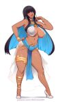  1girl ancient_egyptian armpits black_hair blue_hair bracelet breasts colored_inner_hair commission dark-skinned_female dark_skin earrings eyebrows_hidden_by_hair full_body grey_eyes groin hand_on_own_hip highres hoop_earrings jewelry large_breasts lipstick long_hair looking_at_viewer makeup multicolored_hair navel nofuture open_mouth original patreon_username simple_background smile solo stomach two-tone_hair white_background 