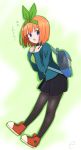  1girl absurdres backpack bag bangs black_legwear black_skirt blue_jacket blush breasts commentary_request eyebrows_visible_through_hair full_body go-toubun_no_hanayome green_shirt hair_between_eyes hands_up highres holding_strap jacket kujou_karasuma long_sleeves looking_at_viewer medium_breasts nakano_yotsuba open_clothes open_jacket open_mouth orange_hair pantyhose pleated_skirt purple_eyes red_footwear shirt shoes signature skirt sleeves_past_wrists solo translation_request 