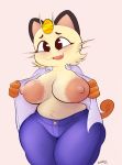  absurd_res anthro big_breasts breasts clothed clothing coin felid female hi_res looking_at_viewer mammal mature_female meowth nintendo nipples pok&eacute;mon pok&eacute;mon_(species) signature simple_background solo termiboi video_games 