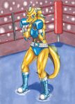  2019 absurd_res anthro bottomwear boxing boxing_gloves breasts capcom clothed clothing dcheese female fighting_ring handwear hi_res leviathan_(mh) looking_at_viewer ludroth midriff monster_hunter navel reptile scalie simple_background smile solo sport standing traditional_media_(artwork) video_games 