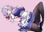  1girl :o apron black_shoes blue_dress blue_eyes braid breasts candy chocolate commentary dress expressionless food frills grey_hair happy_valentine heart heart-shaped_chocolate heart-shaped_food high_heels highres izayoi_sakuya knee_up large_breasts looking_at_viewer lying maid maid_apron maid_headdress medium_hair on_back pantyhose raptor7 shoes short_sleeves side_braids solo touhou twin_braids untranslatable_commentary valentine white_sleeves wrist_cuffs 