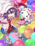  :d blue_skirt bow cake cake_slice cosplay donut facial_mark fang food green_eyes hat hat_bow hello_kitty hello_kitty_(character) horizontal_pupils kirara_fantasia looking_at_viewer merry_nightmare merry_nightmare_(cosplay) official_art purple_hair red_bow red_shoes sanrio shoes short_hair skin_fang skirt smile striped_clothes striped_thighhighs thighhighs third-party_source white_hat yumekui_merry 
