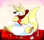 3_fingers 3_toes 4/20 absurd_res ambiguous_gender anthro black_nose bong canid canine canis cheez-its claws clean_diaper clothed clothing cloud_emanata container diaper diaper_puff domestic_dog drugs emanata fang29 fang29_(character) fangs feet finger_claws fingers food fries full-length_portrait fur hi_res holding_container holding_object hybrid inner_ear_fluff kangaroo kerchief lighter macropod mammal marijuana marsupial mcdonald's multicolored_body multicolored_fur narrowed_eyes neckerchief neckwear object_in_mouth open_mouth open_smile pawpads pink_pawpads portrait red_kerchief red_neckerchief simple_background sitting sitting_on_diaper smile smoke smoking smoking_marijuana solo substance_intoxication tail teeth three-quarter_view toe_claws toes tuft two_tone_body two_tone_fur two_tone_tail wearing_diaper white_body white_claws white_diaper white_fur white_inner_ear_fluff white_tail yellow_body yellow_fur yellow_tail