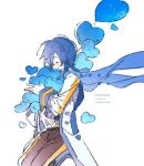  1boy balloon blue_hair blue_scarf blue_trim blush closed_eyes closed_mouth coat commentary feet_out_of_frame hazime heart heart_balloon holding kaito_(vocaloid) long_sleeves male_focus pants parted_hair scarf simple_background sleeve_cuffs solo untranslatable_commentary vocaloid watermark white_background white_coat 