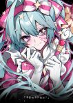  1girl aqua_hair blood blood_on_face blue_hair blush bow closed_mouth commentary_request dress earrings gloves hair_bow hair_intakes hairband hatsune_miku highres holding holding_wand ima_sugu_rinne_(vocaloid) jewelry kaminoq vocaloid wand 
