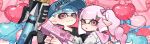  1boy 1girl balloon black_gloves black_shirt blue_hair blue_hat bow closed_mouth fingerless_gloves food-themed_hair_ornament gloves hair_bow hair_ornament hat heart_balloon highres holding holding_weapon inkling inkling_boy inkling_girl inkling_player_character long_hair looking_at_viewer open_mouth pink_bow pink_eyes pink_hair pink_sailor_collar pointy_ears prat_rat sailor_collar shirt short_hair smile splatoon_(series) splattershot_jr._(splatoon) splattershot_pro_(splatoon) strawberry_hair_ornament tentacle_hair visor_cap watermark watermark_grid weapon white_shirt 
