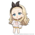  1girl barefoot blonde_hair blue_eyes blush chibi commentary drawstring english_commentary goddess_of_victory:_nikke hand_on_own_hip highres hood hood_down hoodie kurumi_(lycoris_recoil) long_hair long_sleeves looking_at_viewer lycoris_recoil no_nose official_art open_mouth sleeves_past_fingers sleeves_past_wrists solo standing totatokeke very_long_hair white_hoodie 