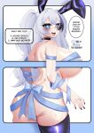  1girl absurdres alternate_breast_size_(larger) animal_ears ass black_choker black_streaks blue_border blue_eyes blue_ribbon border breasts bright_pupils choker commentary cowboy_shot double-parted_bangs english_commentary english_text fake_animal_ears fourth_wall from_behind highres huge_breasts indie_virtual_youtuber long_hair looking_at_viewer looking_back multicolored_hair naked_ribbon open_mouth osiimi outside_border purple_thighhighs rabbit_ears ribbon sally_sinclair single_hair_streak smile solo speech_bubble streaked_hair talking thighhighs tongue two_side_up white_hair white_pupils 