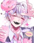  1boy bandaid bandaid_on_face bandaid_on_neck black_mouth blush closed_eyes collared_shirt commentary donut drink_carton drinking_straw ear_piercing fangs food head_tilt heart highres holding holding_drink_carton kaminoq laughing male_focus necktie open_mouth original piercing pink_nails pink_necktie shirt smile solo sparkle watermark 
