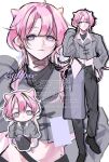  1boy black_shoes blue_eyes chibi chibi_inset closed_mouth commentary earrings full_body hand_on_own_hip highres jewelry kaminoq looking_at_viewer male_focus original pants pink_hair pointy_ears shoes solo watermark white_background writing 