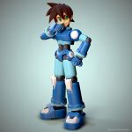  1boy 3d 3d_(artwork) arm_cannon armor brown_hair capcom clenched_hand eyebrows green_eyes hair hand_on_hip hunter_mortenson looking_at_viewer male male_focus mechanical pose rock_volnutt rockman rockman_dash smile solo solo_focus thumb_to_mouth 
