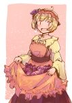  1girl :d aki_minoriko apron apron_hold black_skirt blonde_hair blush border collared_shirt commentary_request cowboy_shot food grape_hat_ornament hat long_sleeves mob_cap open_mouth orange_apron orange_background orange_hat pink_ribbon rangycrow red_eyes ribbon shirt short_hair skirt smile solo sweet_potato touhou white_border yellow_shirt |_| 